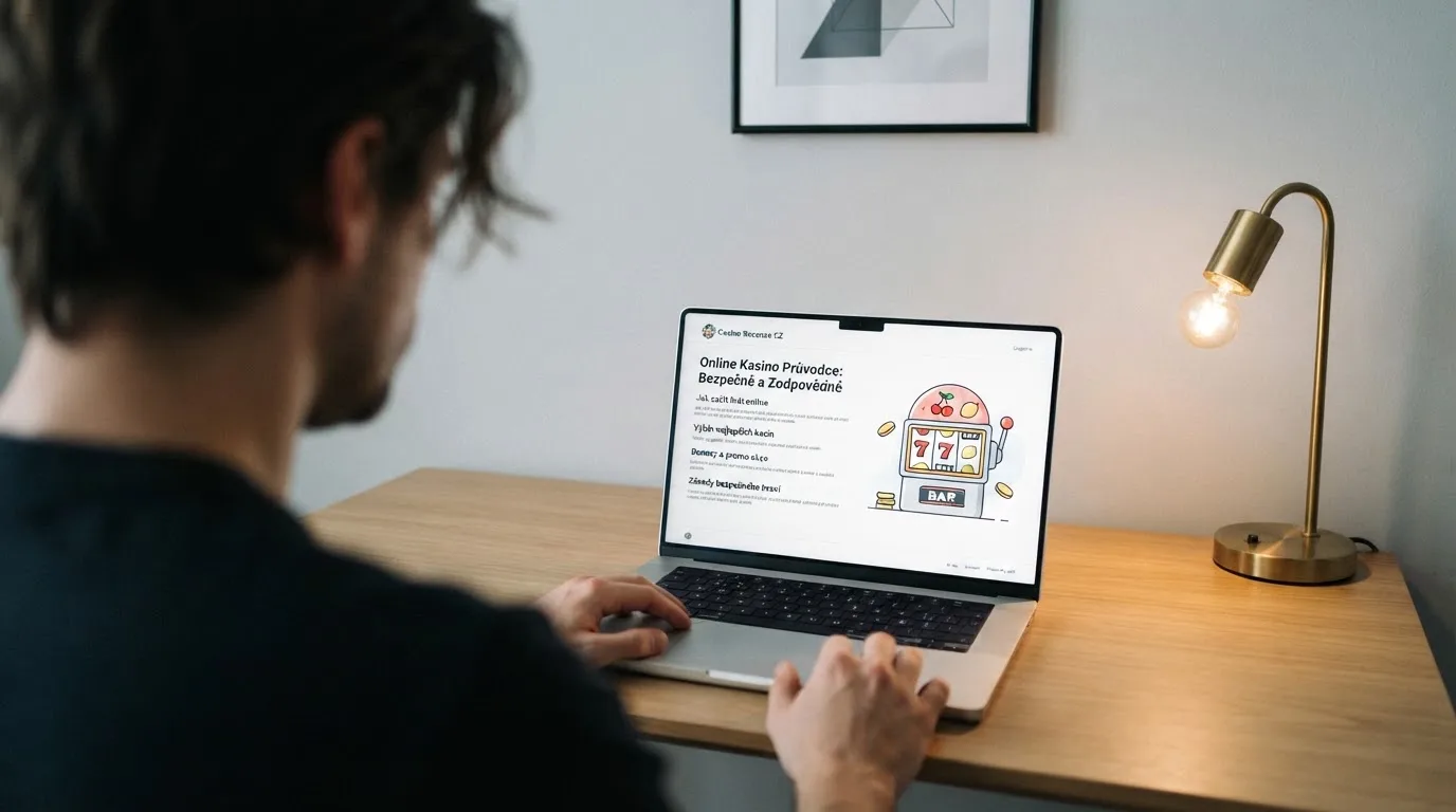 Člověk u notebooku čte informační stránku o online hazardu v Česku — 30, 50, 100, 150 free spinů bez vkladu