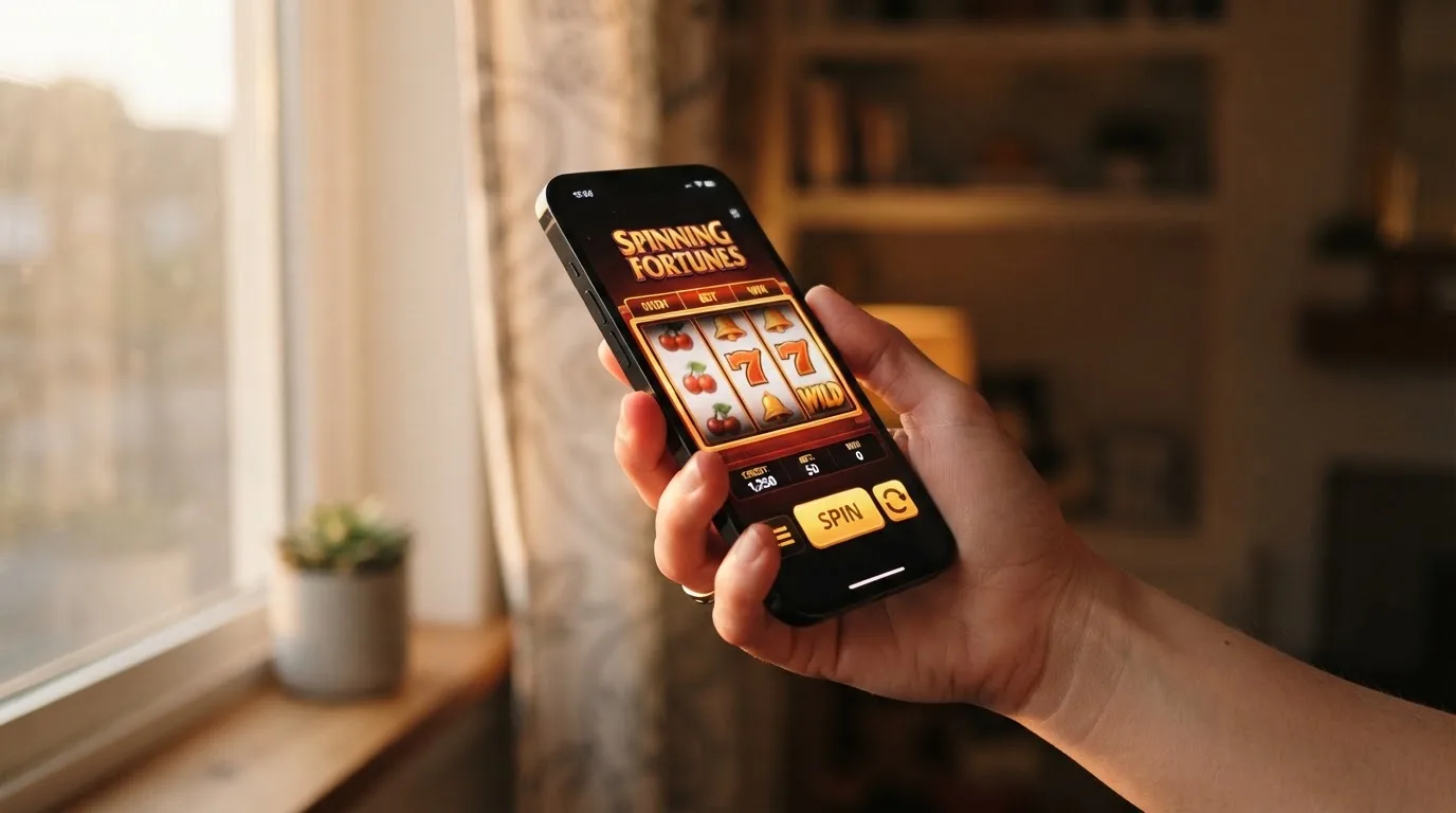 Ruka drží chytrý telefon u okna, klidné večerní světlo — bezpečné zahraniční casino pro české hráče