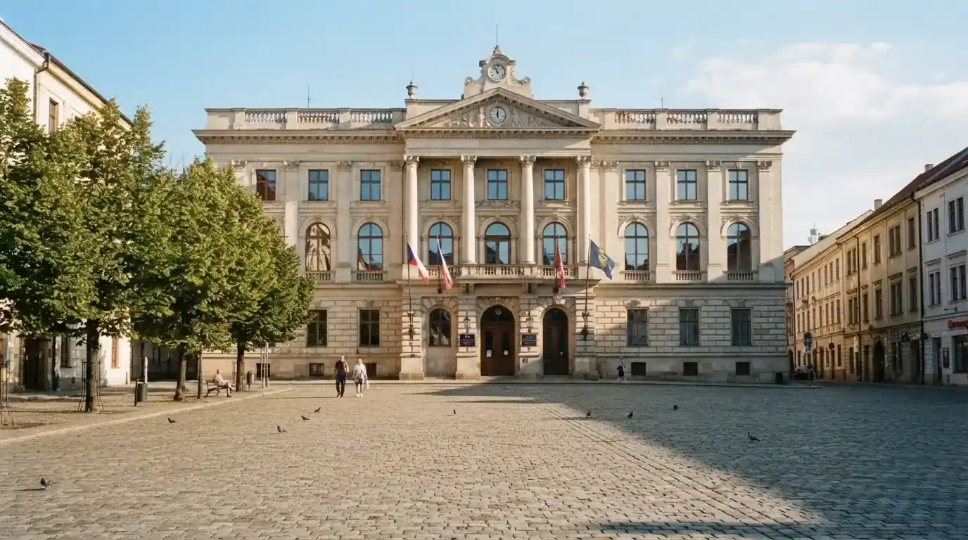 Historická úřední budova s vlajkami na slunečném náměstí — bonus za založení účtu casino
