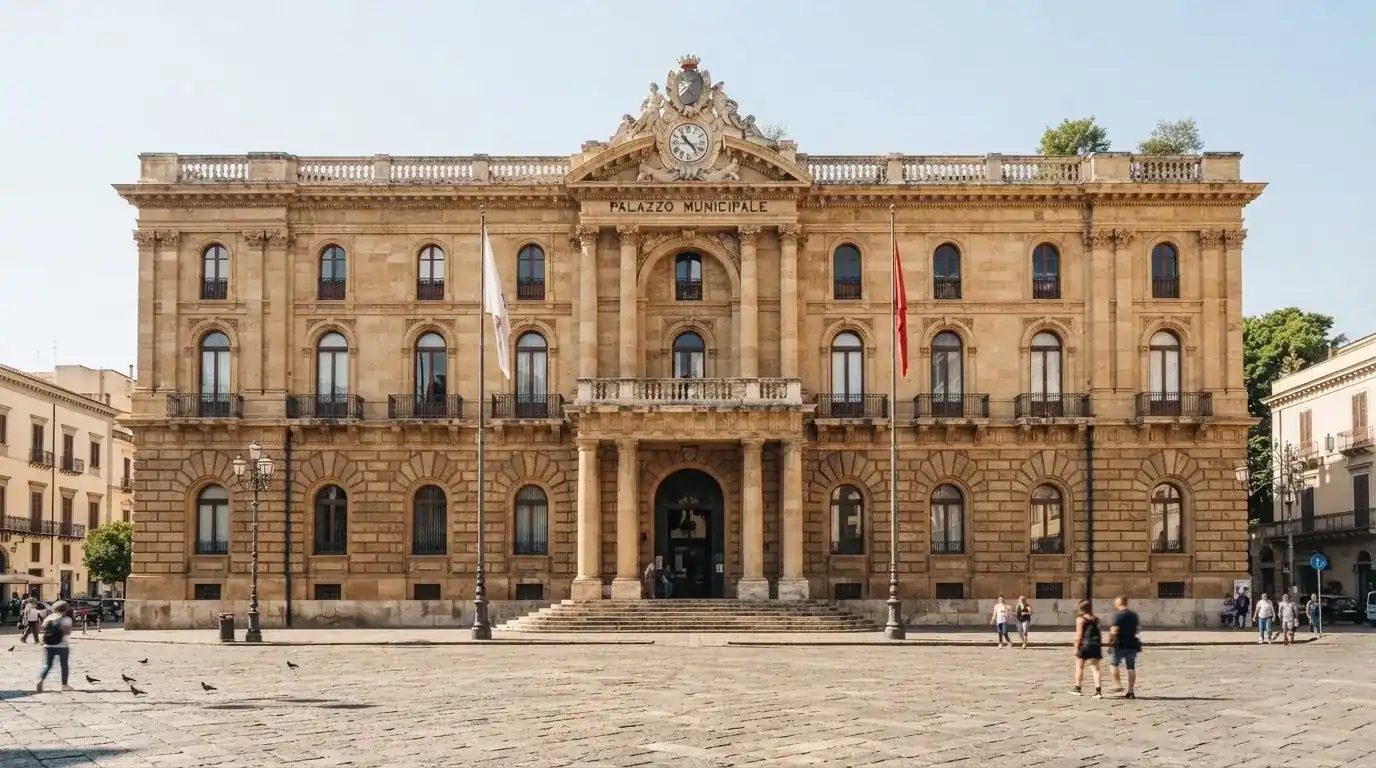 Historická úřední budova s vlajkami na slunečném náměstí — casina online bez ověření totožnosti