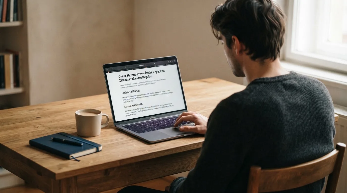 Člověk u notebooku čte informační stránku o online hazardu v Česku — casina online bez ověření totožnosti