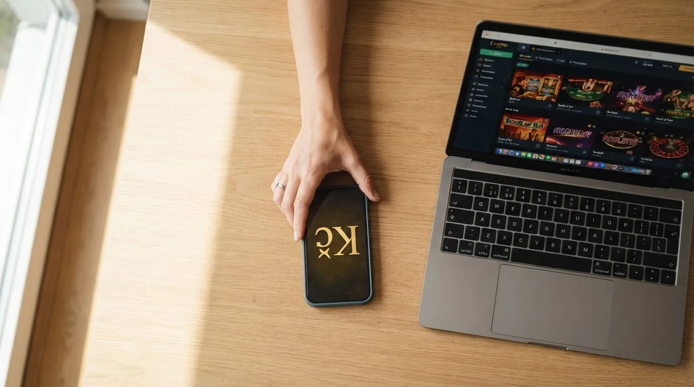 Ruka drží telefon těsně vedle notebooku na dřevěném stole v bytě za denního světla.