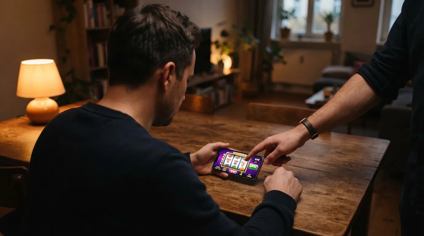 Muž sedí u stolu a poprvé otevírá aplikaci na chytrém telefonu v podvečer.