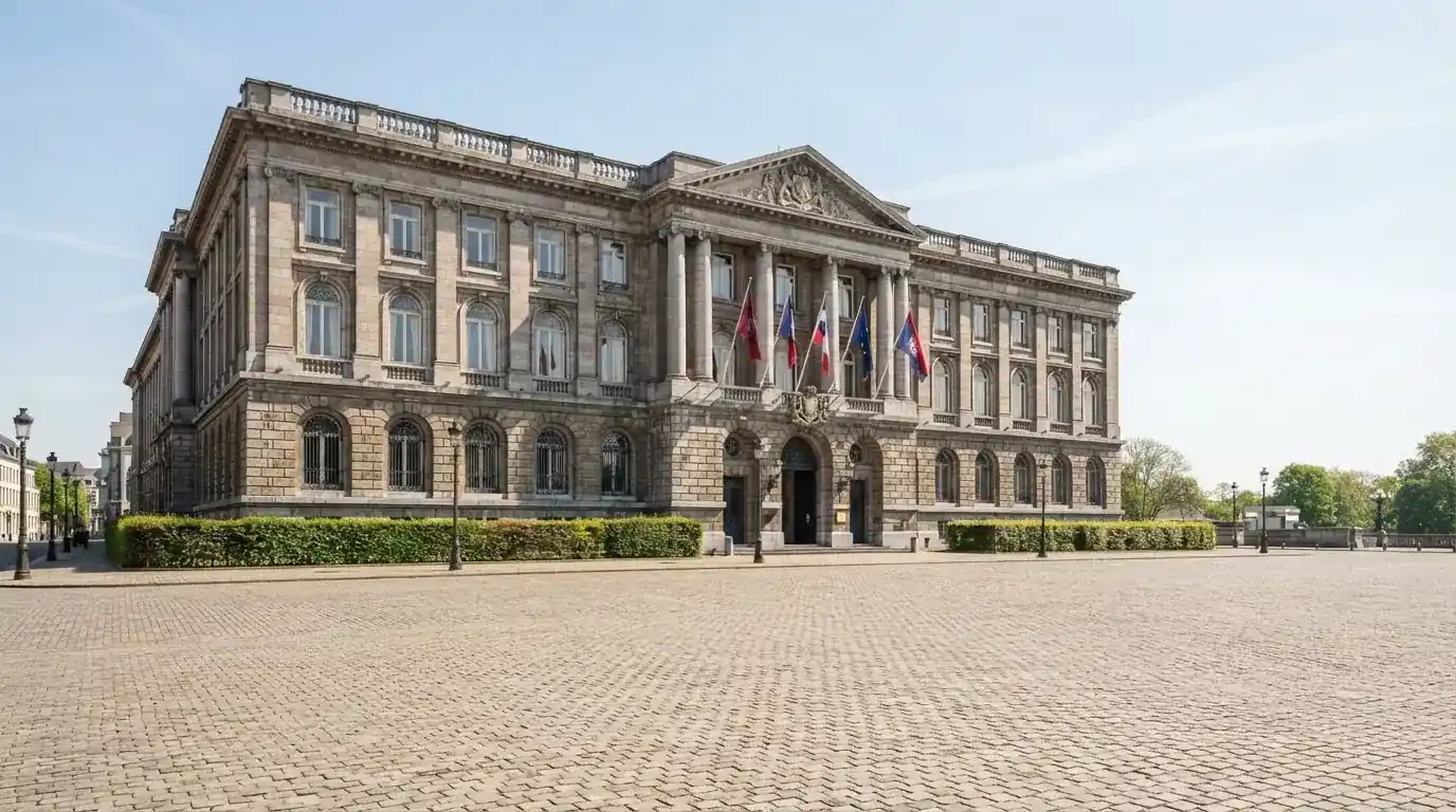 Historická úřední budova s vlajkami na slunečném náměstí — casino minimální vklad 1, 5, 10 euro