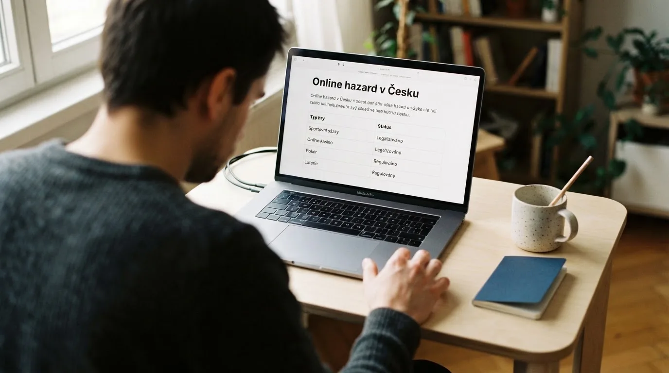 Člověk u notebooku čte informační stránku o online hazardu v Česku — casino minimální vklad 1, 5, 10 euro