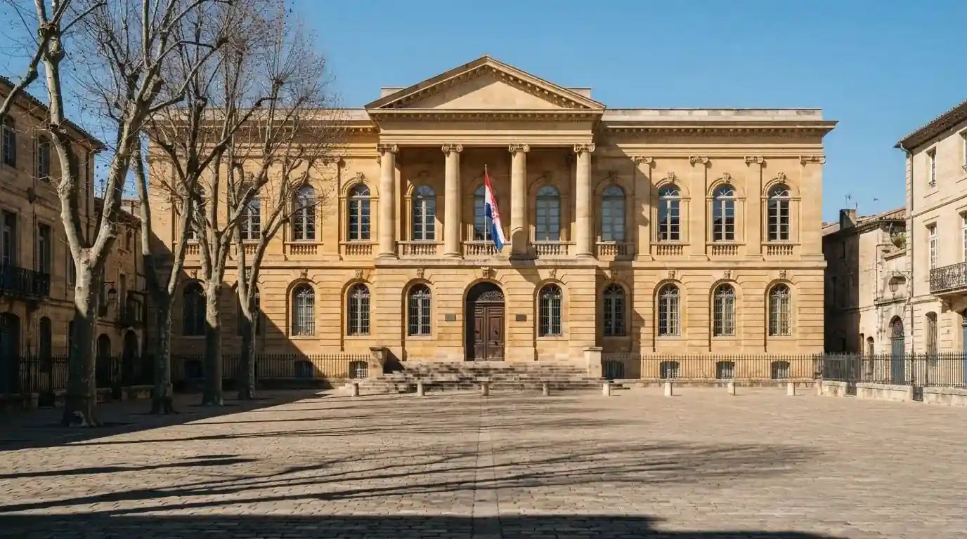 Kamenná budova s sloupy a vlajkou stojí na náměstí za jasného dne.