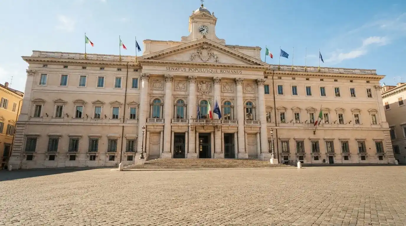 Historická úřední budova s vlajkami na slunečném náměstí — casino platba paysafecard