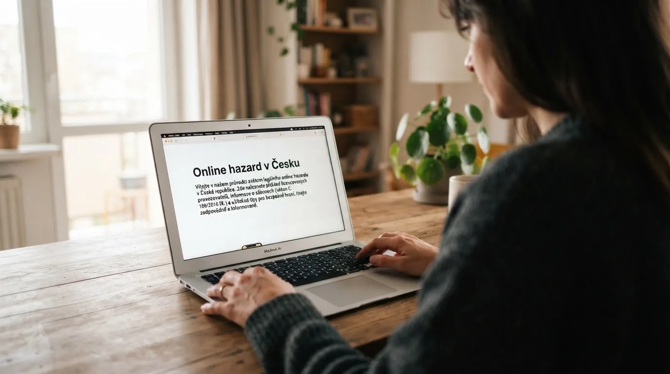 Člověk u notebooku čte informační stránku o online hazardu v Česku — gopay platba casino