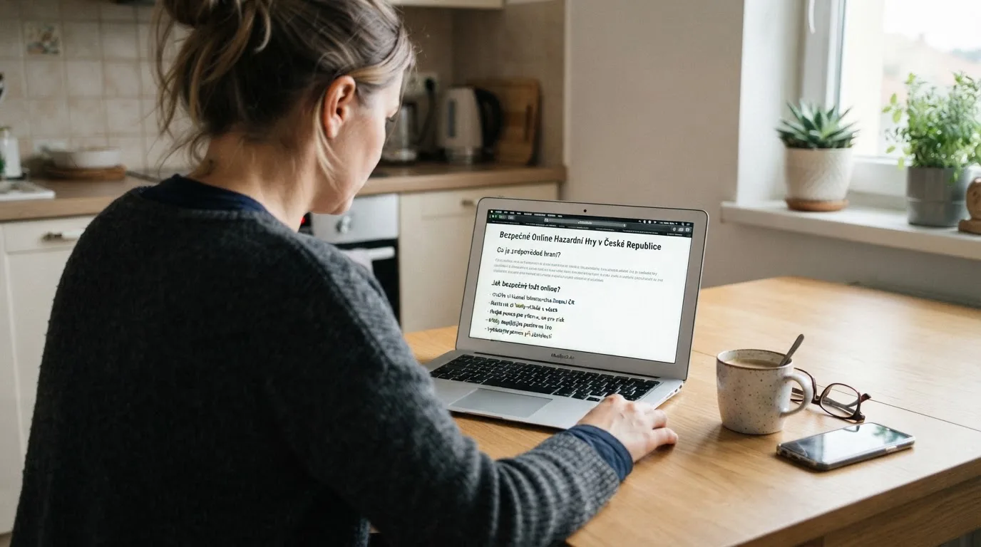 Člověk u notebooku čte informační stránku o online hazardu v Česku — hrací automaty hrací automaty zdarma online