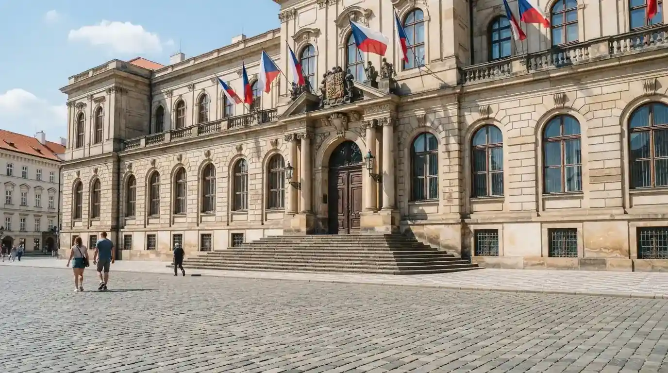 Historická úřední budova s vlajkami na slunečném náměstí — hrací automaty zdarma ke stažení