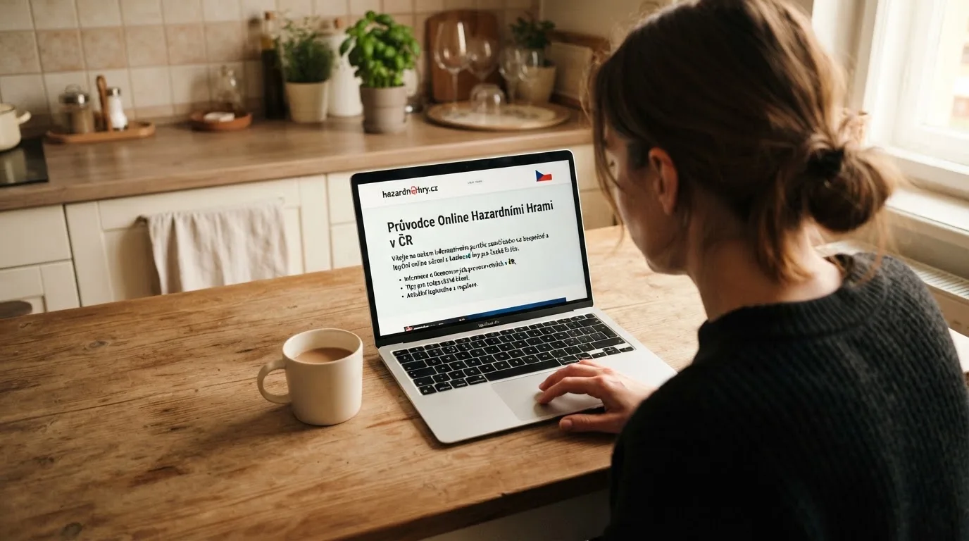 Člověk u notebooku čte informační stránku o online hazardu v Česku — hrací automaty zdarma ke stažení