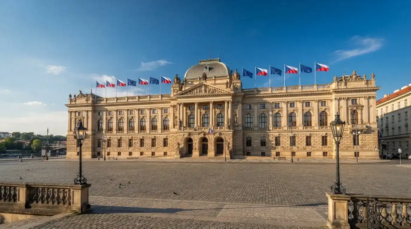 Historická úřední budova s vlajkami na slunečném náměstí — live blackjack pro české hráče