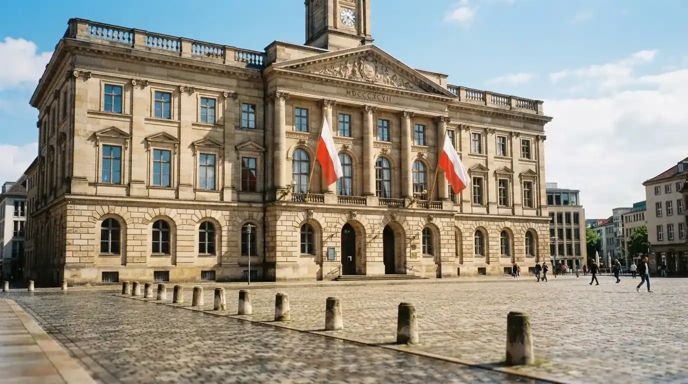 Historická úřední budova s vlajkami na slunečném náměstí — live ruleta CZ s česky mluvícími krupiéry