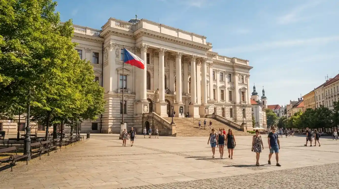 Kamenná budova se sloupy a vlajkou stojí na náměstí za slunečného dne.