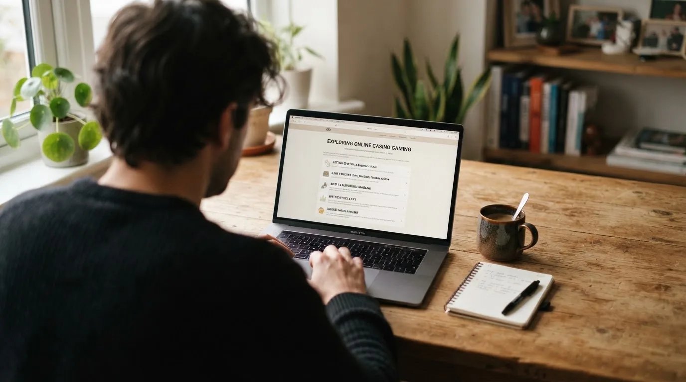 Člověk u notebooku čte informační stránku o online hazardu v Česku — nejlepší automaty online za peníze