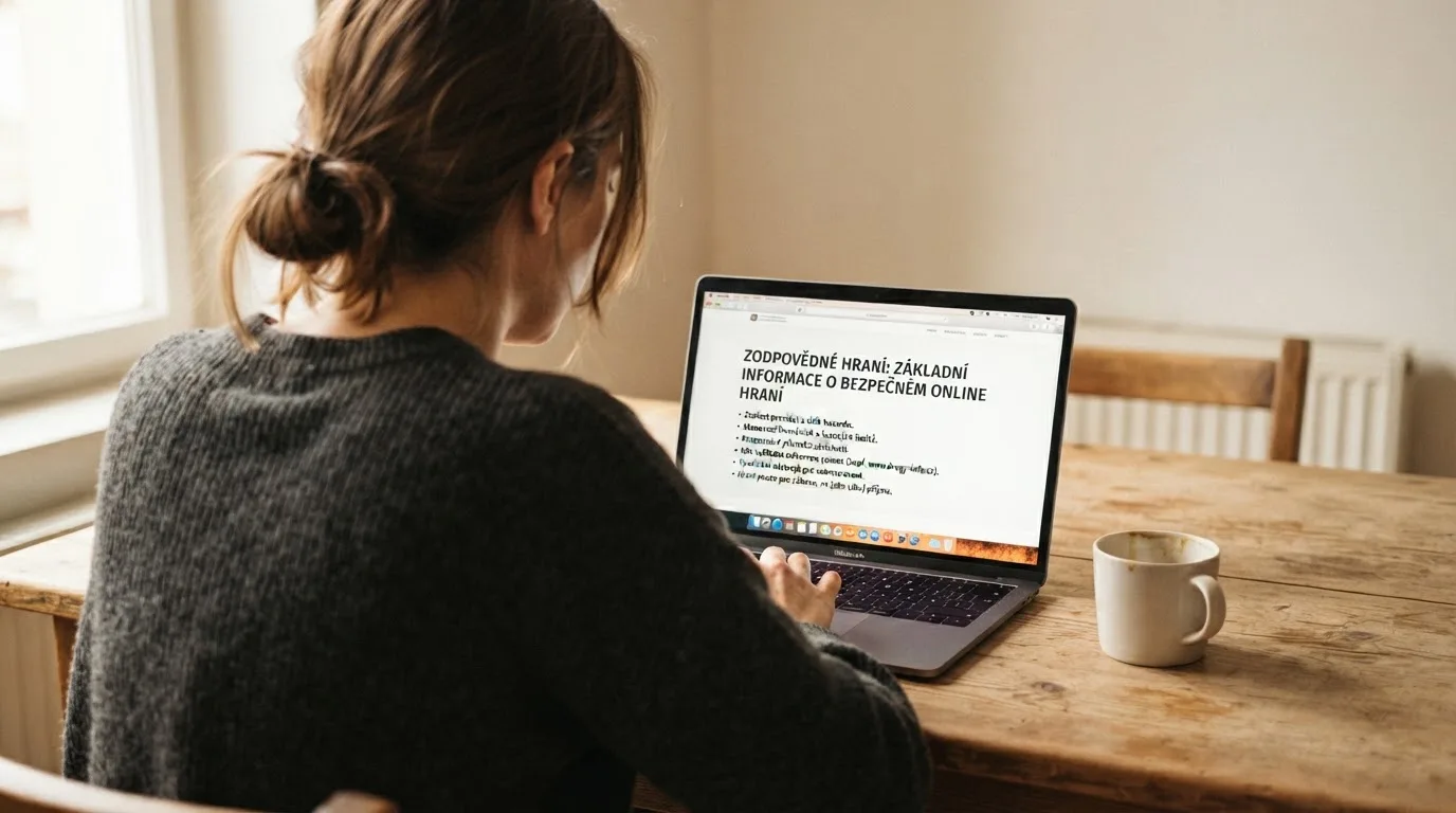 Člověk u notebooku čte informační stránku o online hazardu v Česku — nejlepší krypto casino pro české hráče