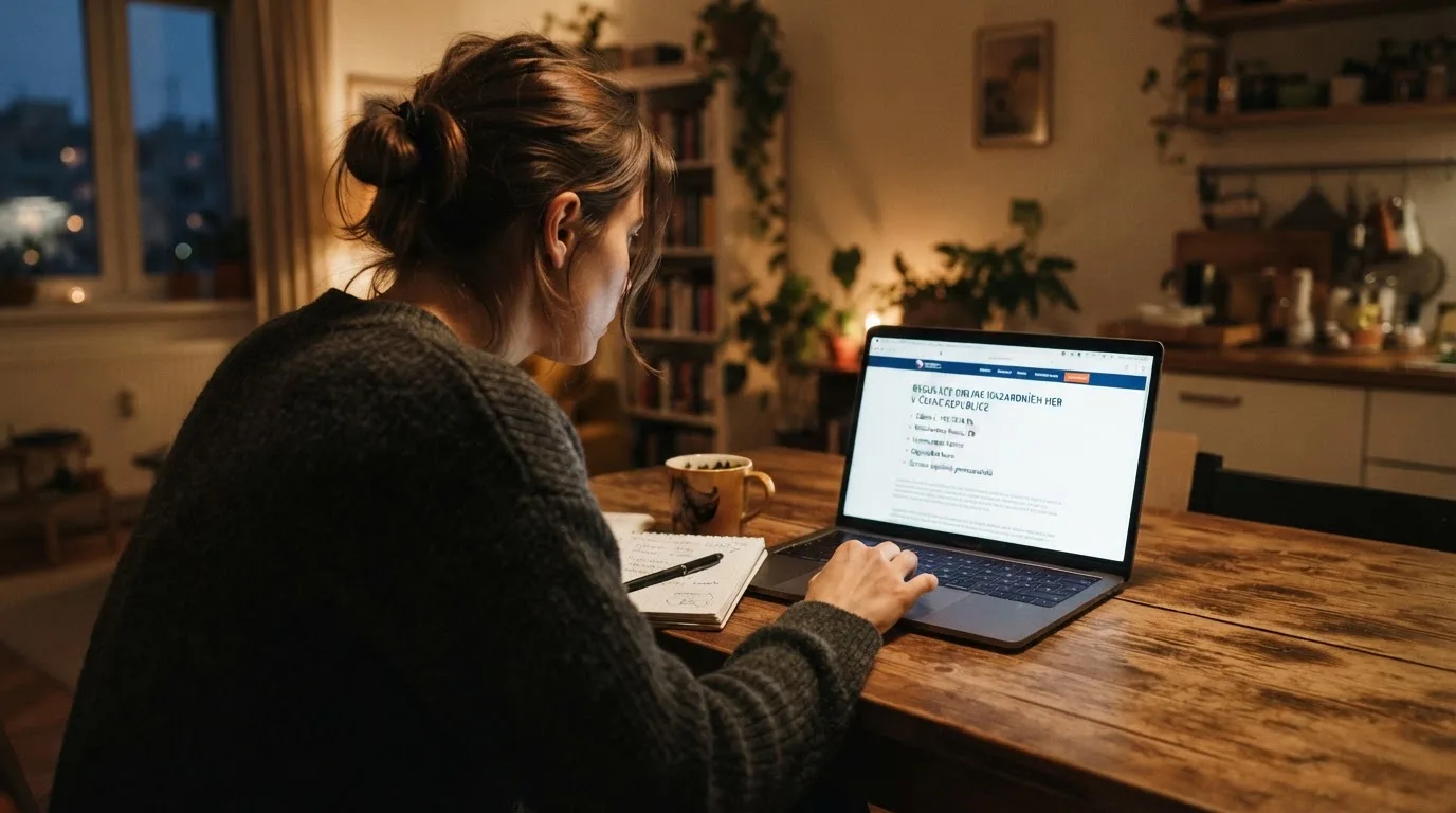 Člověk u notebooku čte informační stránku o online hazardu v Česku — nejlepší krypto kasina cz