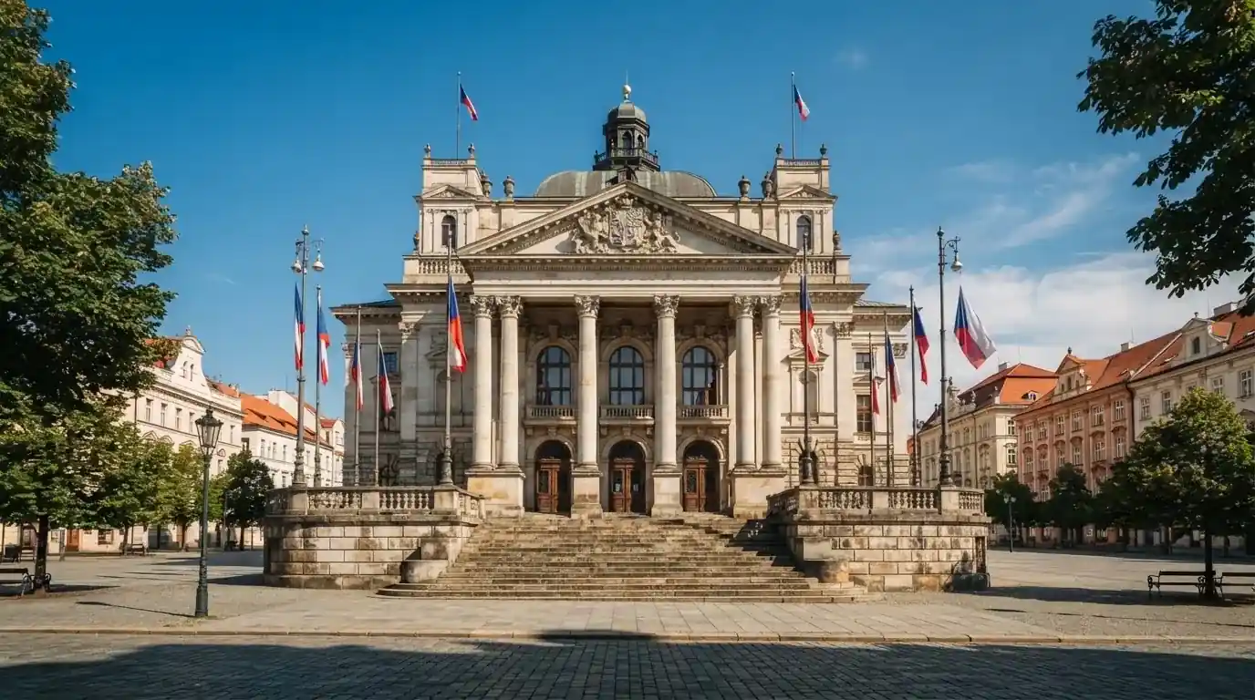 Historická úřední budova s vlajkami na slunečném náměstí — nejlepší online casino za peníze
