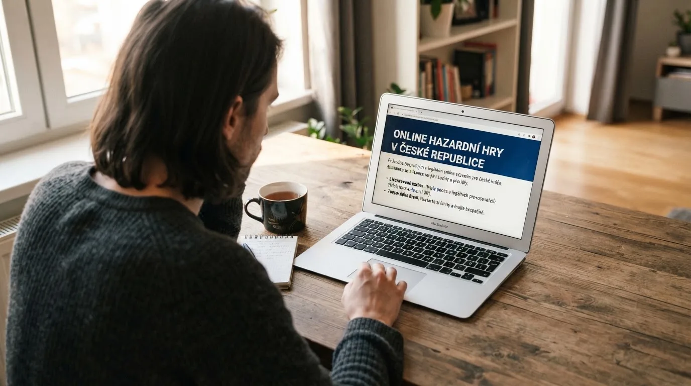 Člověk u notebooku čte informační stránku o online hazardu v Česku — nejlepší online casino za peníze